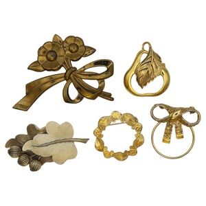 Vintage Mid Century Brooch Assortment Lot 5pc Gold Tone Costume Jewelry